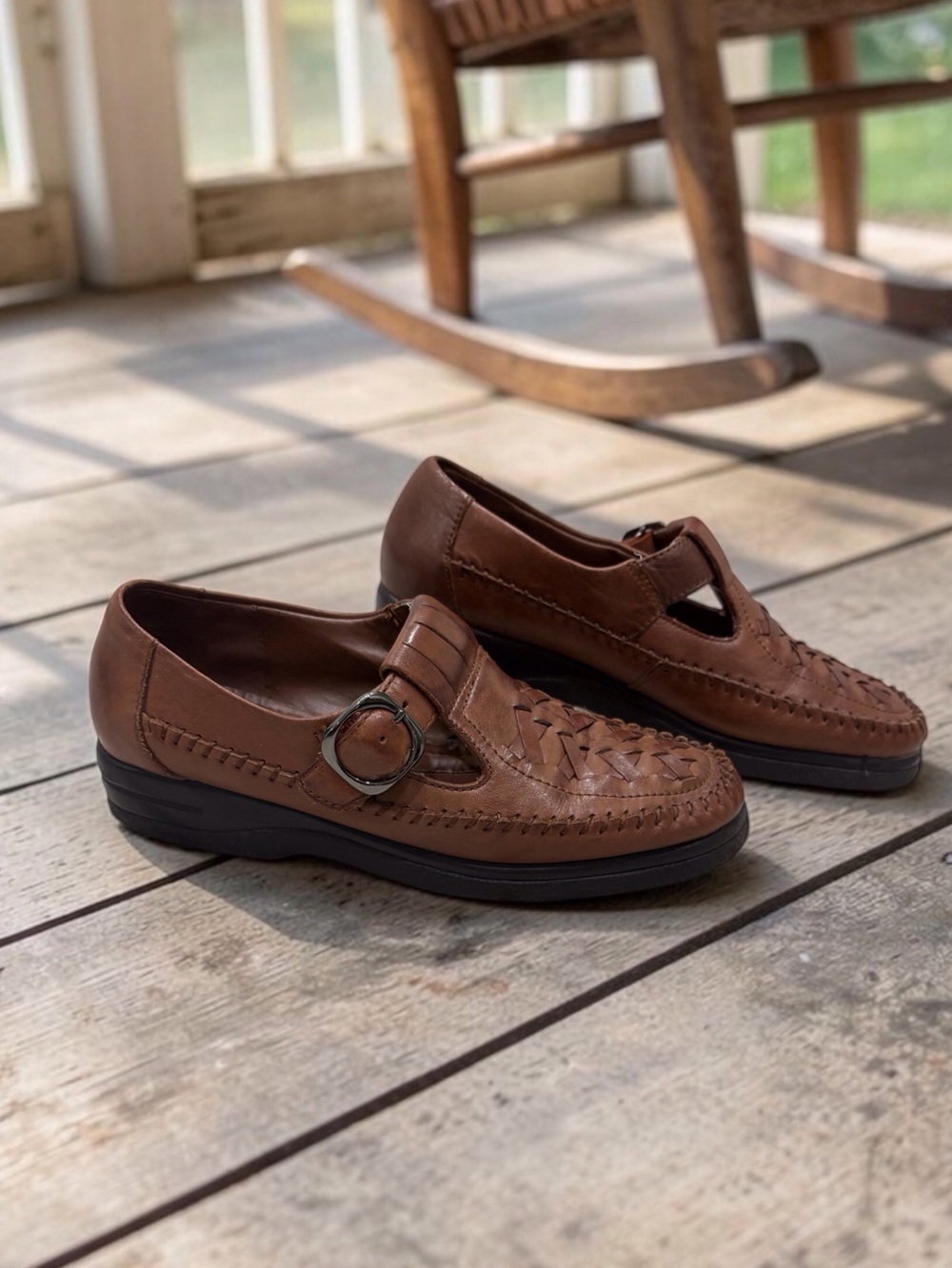 Dr. Scholl’s Edith Brown Woven Leather Mary Jane Loafers Comfort Shoes 6.5